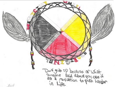 Drawing of the Medicine Wheel with a personal quote by the artist, Thomas. " Don't five up because of what someone said about you, use it as a motivation to push harder in life."