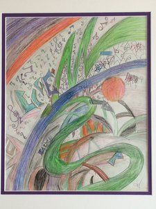 Abstract art with colourful bands of green and blues with music notes in the background with the word LIVE standing out.