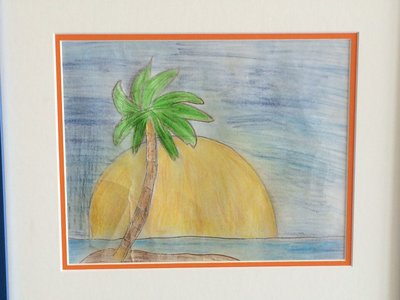 Drawing of a deserted island with a palm tree surrounded by water. The sun vanishes into the water with the warm colourful sky